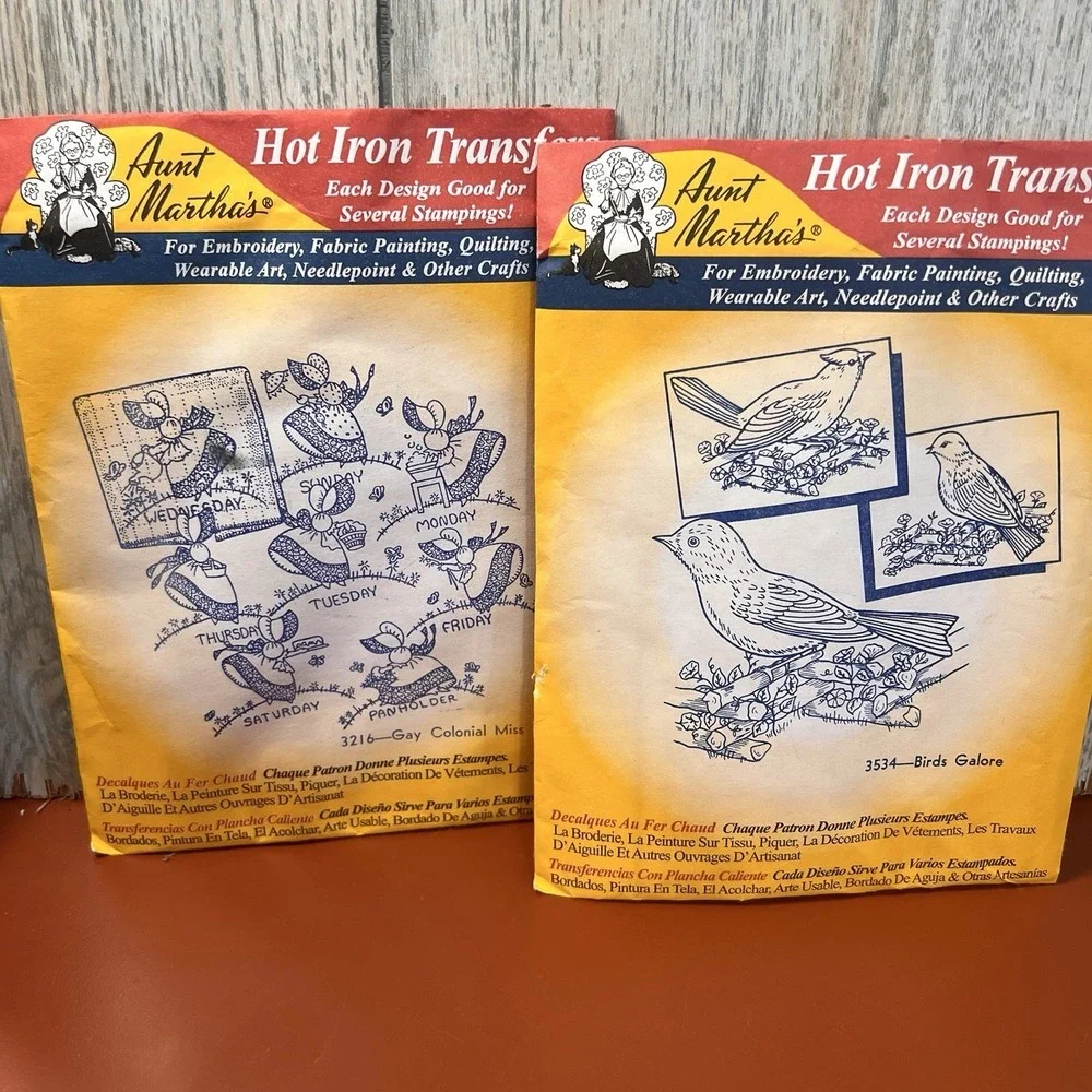 NIP 2 AUNT MARTHA Hot Iron Transfers #3534 #3216 Birds Galore Colonial Miss week